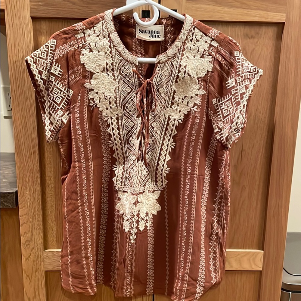 Savanna Jane Brown Embellished V-Neck Blouse